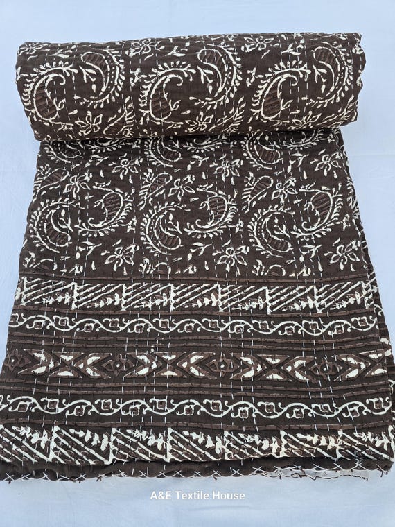 Premium Chocolate Brown Kantha Quilt, Elisa Hand Block Print Indian Floral Blankets, Natural Color, Hand-Stitched Vegetable Dye Home Decor
