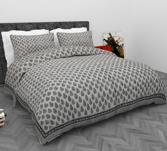 Black Floral Kantha Quilt: Indian Cotton Bedspread