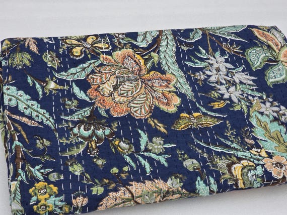 Blue Floral Kantha Quilt: Hand-Stitched Indian Cotton Bedspread