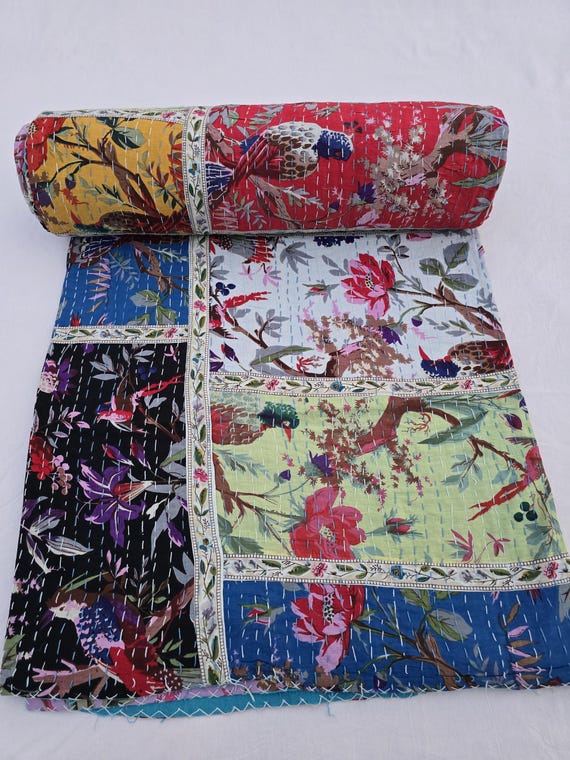 Assorted Patchwork Kantha Reversible Floral Print Patchwork Cotton Kantha Quilt Handblock Print floral Kantha  Indian Netural Colour bedding