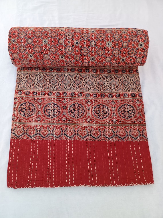 Ajrak or Ajrakh is a unique block printed textile. It displays special traditional designs and patterns Ajrak Vintage design kantha quilt