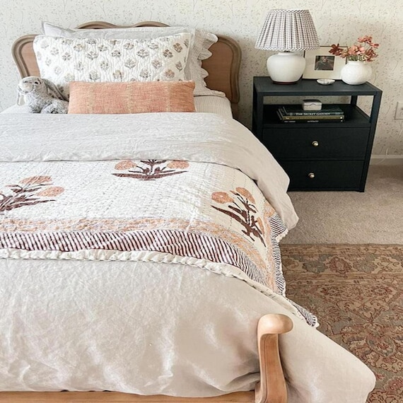 Handmade Indian Cotton Kantha Quilt with Floral Block Print | Boho Bohemian Bedding | Vintage Queen Size Throw Blanket