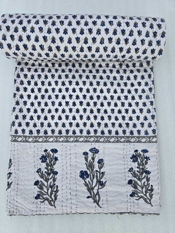 Ajrak Print Kantha Quilt: Vintage Block Printed Cotton Bedding