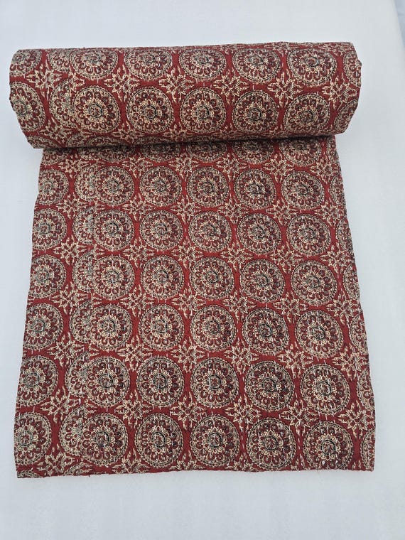 Kantha Quilt Bedding Hand Block Print Floral Blanket Indian Natural Color, Hand-Stitched Rural Kantha Bedding, Ethnic Home Décor Style