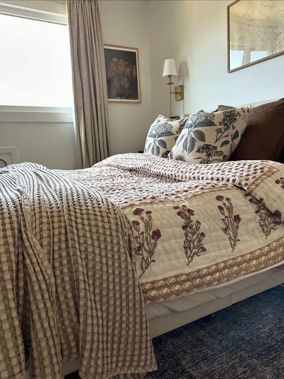 Premium Bed Decor Blankets, Handmade Indian Reversible Jaipuri Quilt, Soft Cotton Kantha Quilt, Warm Jaipuri Bedspread Blanket Home Decor