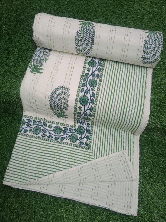 Green Floral Hand Block Print Kantha Quilt: Boho Cotton Bedspread