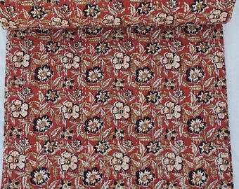 Red Floral Hand Block Print Kantha Quilt, Indian Boho Cotton Bedding Throw