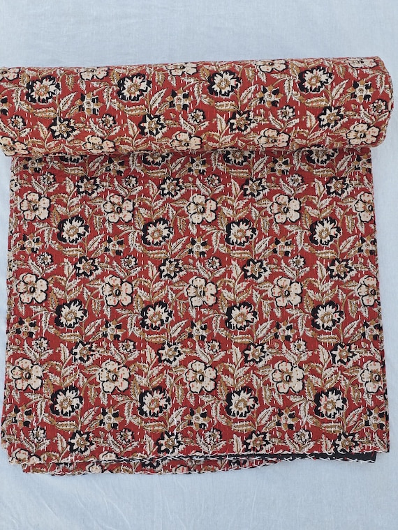 Red Floral Hand Block Print Kantha Quilt, Indian Boho Bedding, 100% Cotton, Handmade Stitch, Vegetable Colors, Home Decor, Boho Throw