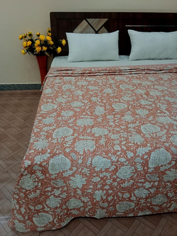 Luxury Peach Hand block Print Indian Peach Colour floral print Quilt Blanket, Hand Stitched Natural vegetable dye Handmade quilt Home Decor