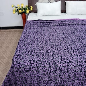 Purple Kantha Quilt Hand block Print  Handmade Kantha Work Hand stitched kantha quilt Purple Handmade Quilt purple bed sheets bedding