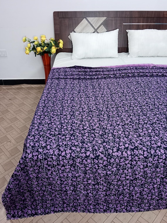 Purple Kantha Quilt Hand block Print  Handmade Kantha Work Hand stitched kantha quilt Purple Handmade Quilt purple bed sheets bedding
