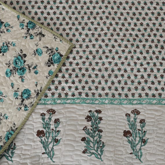 Handblock Floral Quilt Queen Size, Kantha Cotton Blanket with Vegetable Dyes,