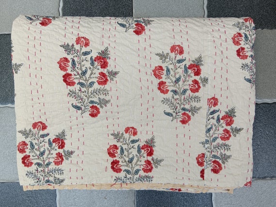 Asian design full size quilt for sale handmade Indian Block print bedding bedspread full size Kantha Quilted