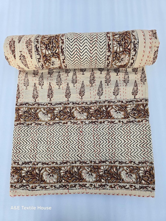Kantha Quilt Bedding Hand Block Print Floral Blanket Indian Natural Color, Hand-Stitched Rural Kantha Bedding, Ethnic Home Décor Style