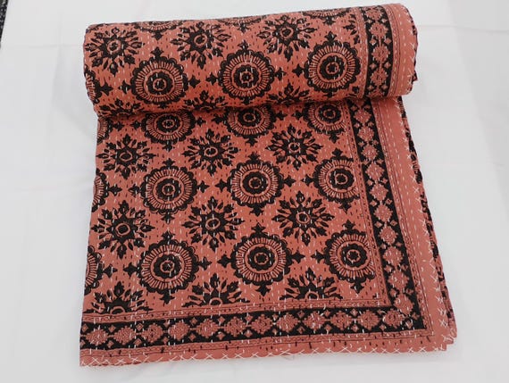 Floral Kantha Quilt: Hand Block Print Indian Cotton Bedspread