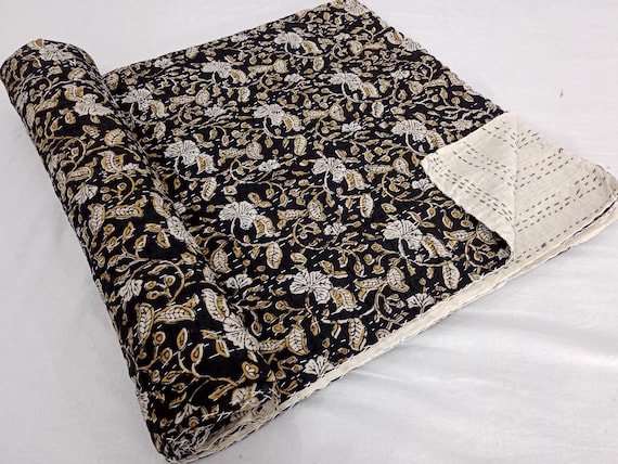 Floral blanket Block Print Quilt Floral Print Kantha Quilt Indian Cotton Bedding Hand-Stitched