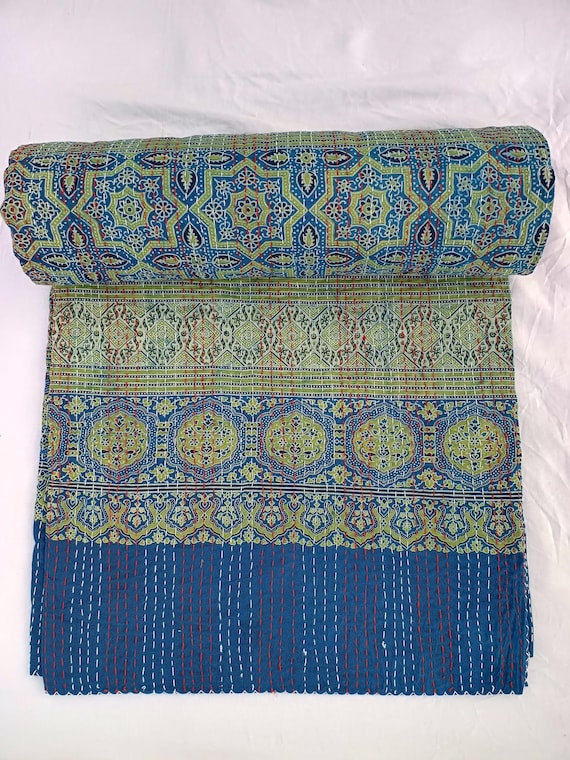 Ajrak or Ajrakh is a unique block printed textile. It displays special traditional designs and patterns Ajrak Vintage design kantha quilt