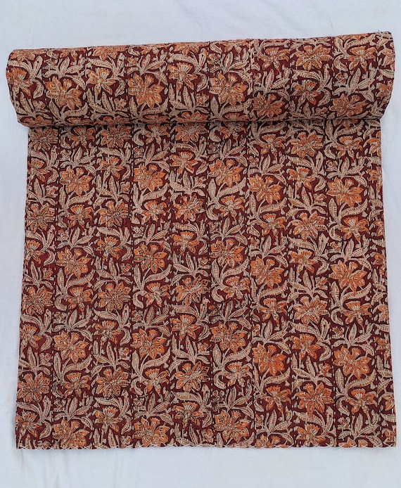 Floral Kantha Quilt, Hand Block Print Indian Bedding, 100% Cotton, Bohemian Bedspread
