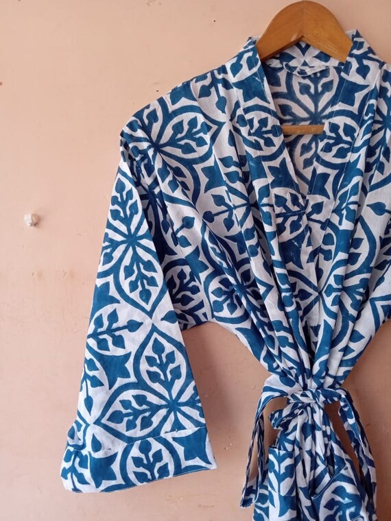 Luxury Hand block Printed Indian Cotton Kimono Robe  Floral Print Bathrobe & Nightwear Gown | Dressing Gown Beachwear Perfect Gift For Her