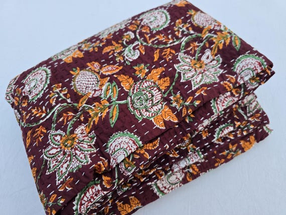 Sophia-Art Trapunta Kantha Fatta A Mano Con Copriletto Mukut Stampato - Multicolore 274x274 Cm - 6