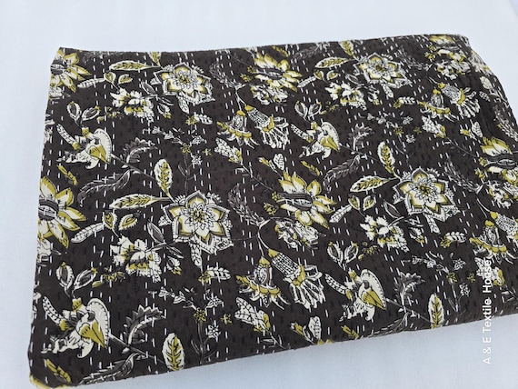 Kantha Quilt Handblock Print floral Kantha Indian Netural Colour Indian inspired Bedding Hand Stitched Rural Quilted Bedspreads