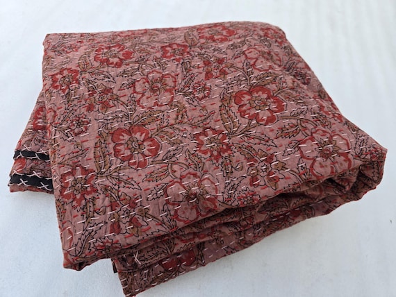 Handmade Kantha Quilt, Vintage Floral Block Print Bedding Vintage Bedding Quilt Gorgeous Quilt that has the Perfect Vintage look