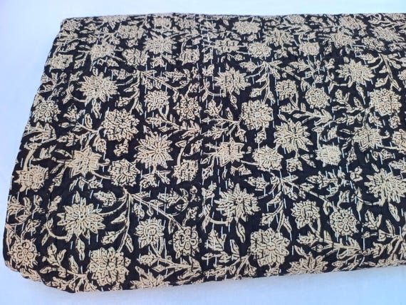 Hand Stitched Quilt Floral print Kantha Quilt Black Floral Print, Indian Cotton Bedspread, Bohemian