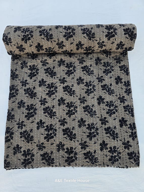 Premium Floral Kantha Quilt, Hand Block Print Black Floral Bedding Kantha, Indian Natural Color inspired Boho Bedding Throw Bedspread