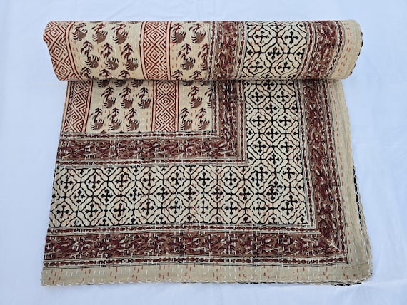 Kantha Quilt Bedding Hand Block Print Floral Blanket Indian Natural Color, Hand-Stitched Rural Kantha Bedding, Ethnic Home Décor Style
