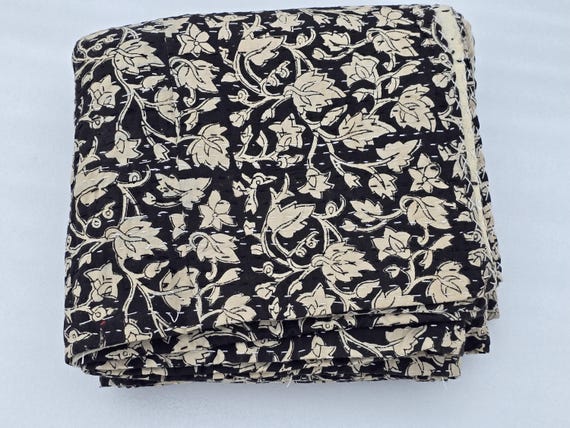 Bagru Floral Kantha Quilt: Handblock Print Indian Cotton Bedding
