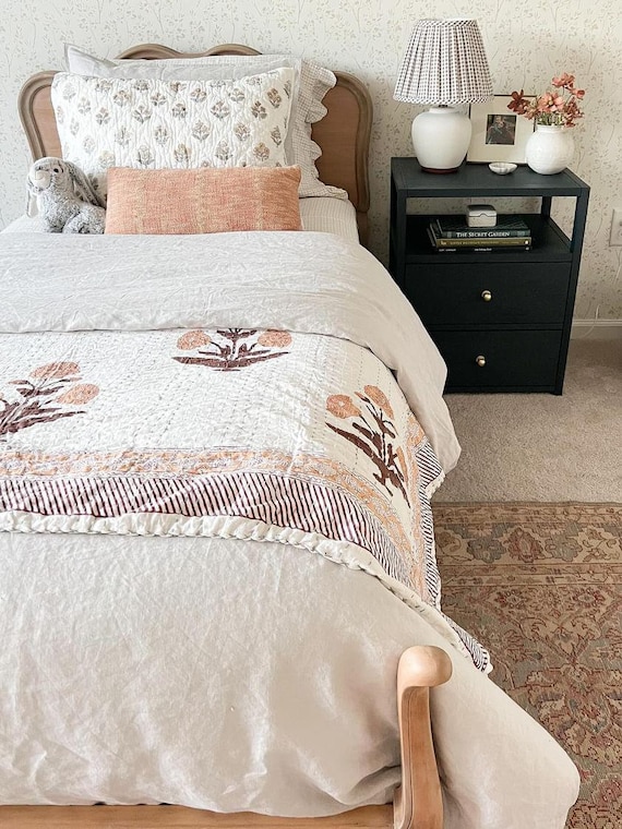 Candice floral Kantha Quilt Kantha Quilt Handblock Print floral Kantha Swes DecorIndian Netural Colour Indian inspired Bedding Hand St