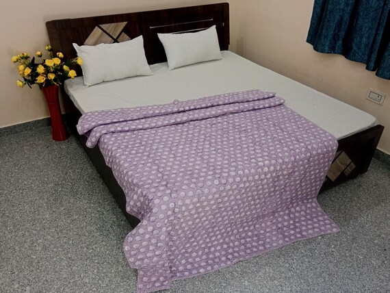 Batting Cotton Twin Size Quilt Indian Reversible Quilt, Handmade Jaipuri Razai Soft Cotton Kantha Quilt, Queen Size Bedding Blanket For Home