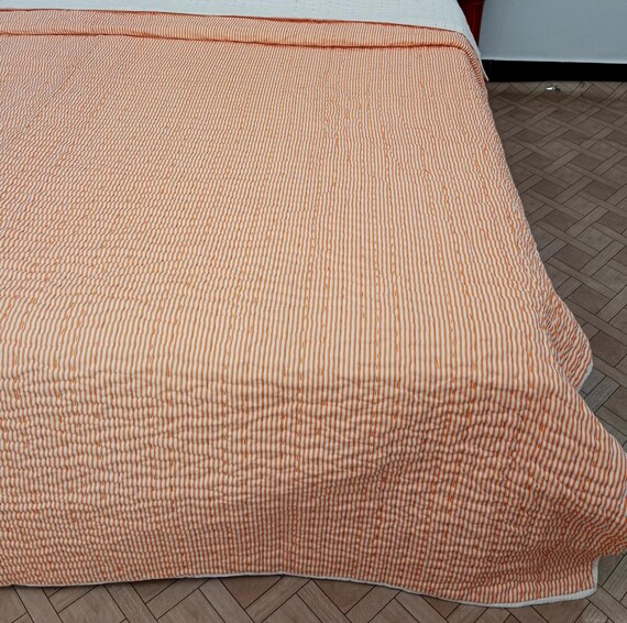 Handmade Indian Reversible Cotton Batting Jaipuri Quilt Striped and Solid Soft Cotton Kantha Quilt Warm Jaipuri Cotton Filled Batting quilt