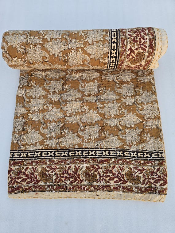 Kantha Quilt Bedding Hand Block Print Floral Blanket Indian Natural Color, Hand-Stitched Rural Kantha Bedding, Ethnic Home Décor Style