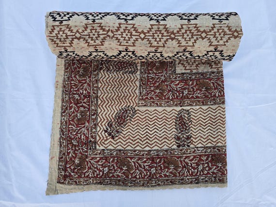 Kantha Quilt Bedding Hand Block Print Floral Blanket Indian Natural Color, Hand-Stitched Rural Kantha Bedding, Ethnic Home Décor Style