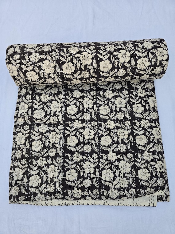 Floral Kantha Quilt, Vintage Block Print Bedding, Handmade Cotton Bedspread