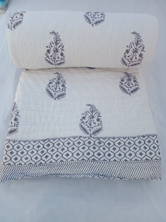 Block Print Quilt Handmade Cotton Kantha Quilt, Indian Jaipuri Razai, Queen Size Bedding