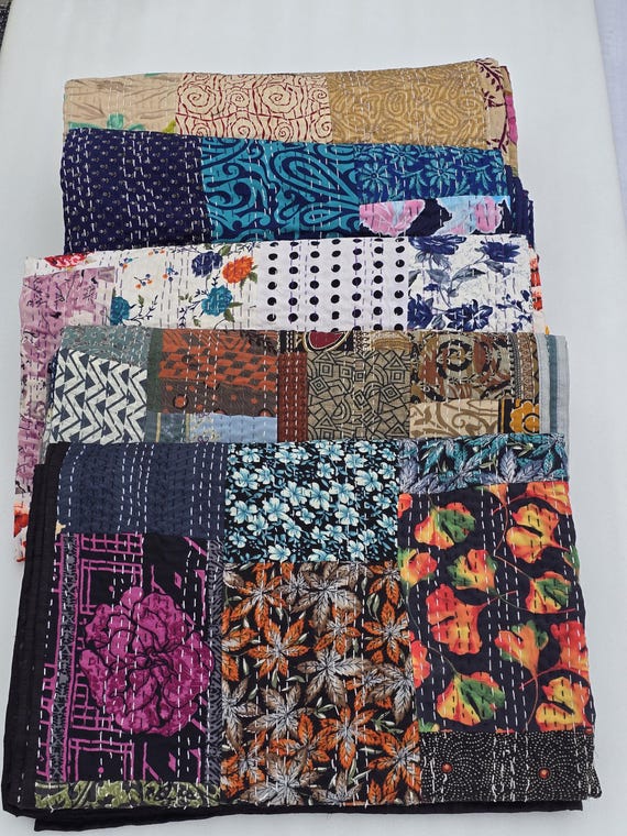 Indian Silk Patola Patchwork Handmade Kantha Quilt Assorted Patchwork Kantha Handmade Vintage Quilts Assorted Vintage style vintage design