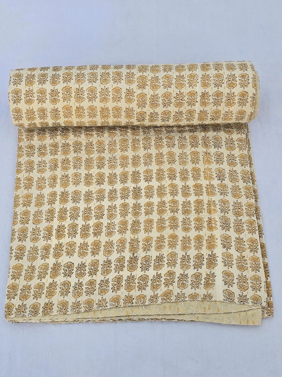Floral Kantha Quilt, Vintage Block Print Bedding, Handmade Cotton Bedspread