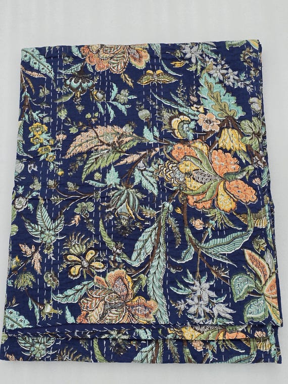 Blue Floral Kantha Quilt: Hand-Stitched Indian Cotton Bedspread