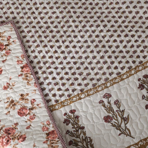 Quilt: Handblock Floral Print, Queen Size Quilt Ac Blanket