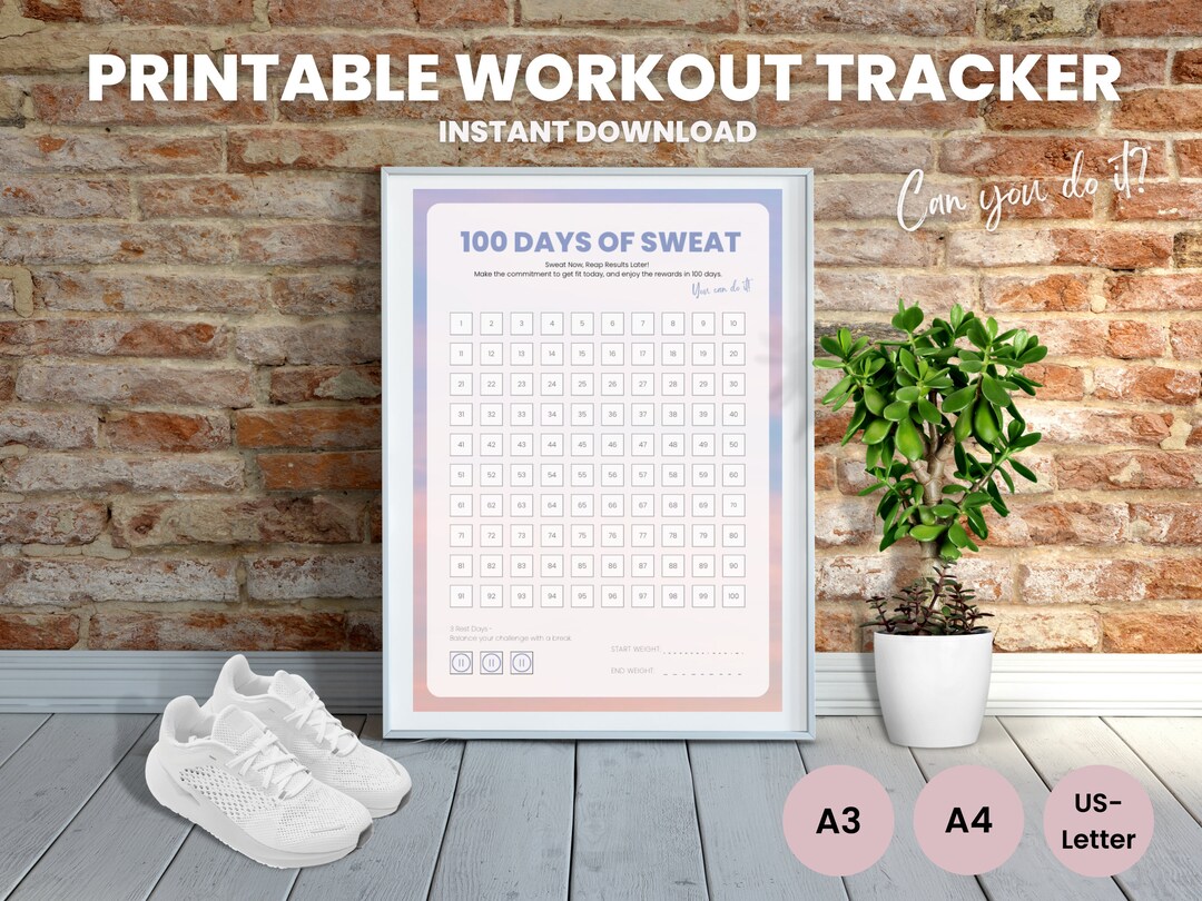Printable Workout Tracker 100 Days of Sweat Challenge Etsy
