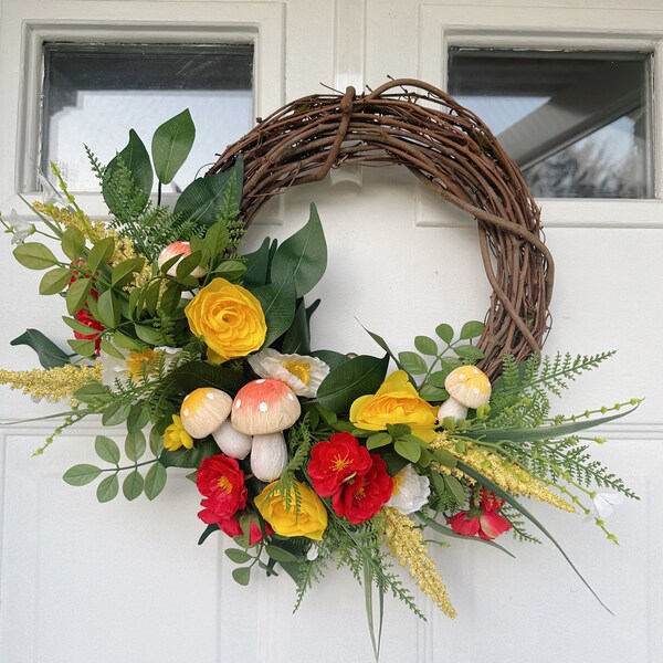 Red & Yellow Mushroom Wreath with Wild Flowers