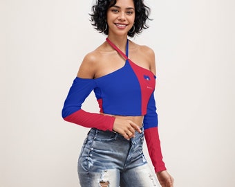 Haiti Flag Crop Top: Halterneck Long Sleeve, Haitian Pride