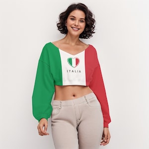 Italia Crop Top Colors of Italian Flag Italian Pride Long-Sleeved Crop Top V-neckline Gift for Lovers of Italian Culture Support Italy