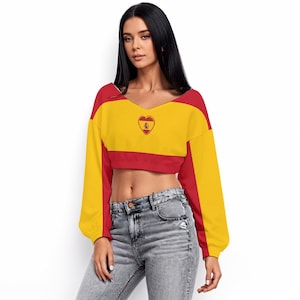 Spanish Flag Crop Top: Long Sleeve V-Neck - Support Spain