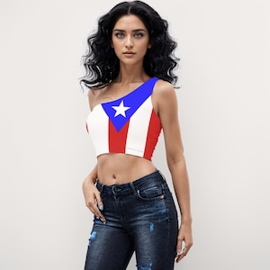 Puerto Rico Flag Crop Top: One-Shoulder Sleeveless Design