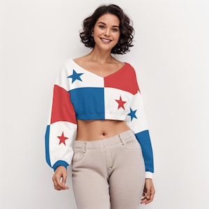Panama Flag Crop Top: Long Sleeve V-Neck Panamanian Pride