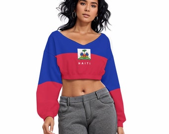 Haiti Flag Crop Top: Long Sleeve V-Neck Haitian Pride