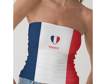 Top sin tirantes con la bandera francesa: Top de doble capa, elástico y con hombros descubiertos para amantes de Francia.